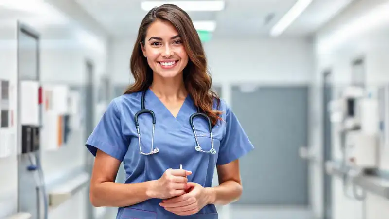 Estudiante de enfermería sonriente en hospital