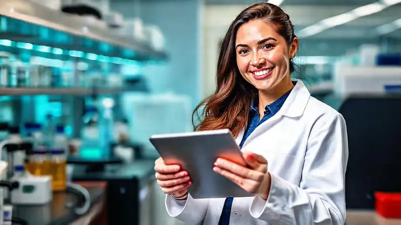 Mujer joven innovadora en laboratorio farmacéutico