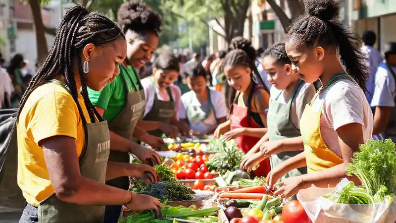 Voluntarios jóvenes enseñan cocina con frutas y verduras