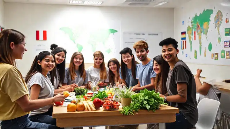 Estudiantes internacionales voluntarios en taller de nutrición