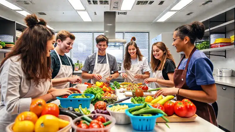 Estudiantes jóvenes planifican comidas en laboratorio moderno
