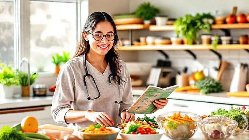 Estudiante preparando comida saludable en cocina moderna