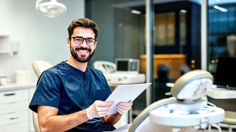 Estudiante de odontología en clínica moderna y profesional