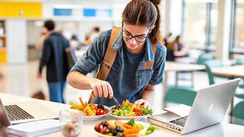 Estudiante prepara una comida saludable y colorida