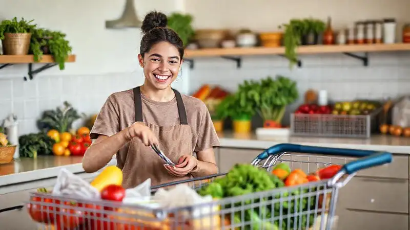 Joven cocinando comidas saludables y económicas