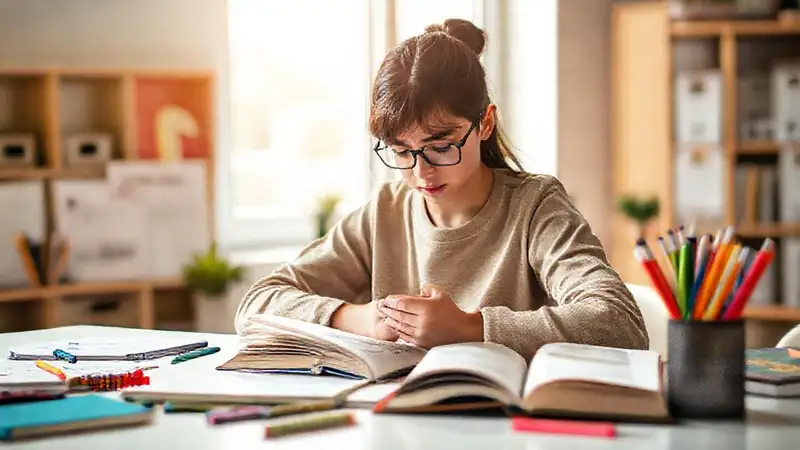 Estudiante concentrado en un ambiente organizado