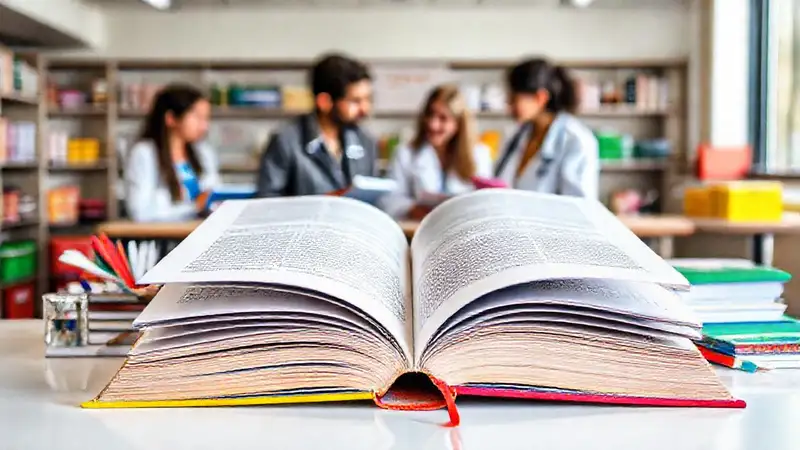 Libro abierto en aula con estudiantes y materiales