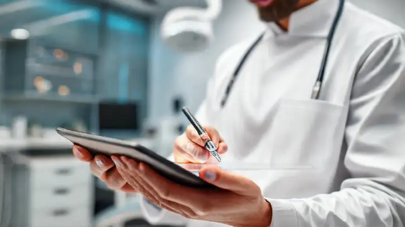 Profesional dental con tableta y tecnología moderna