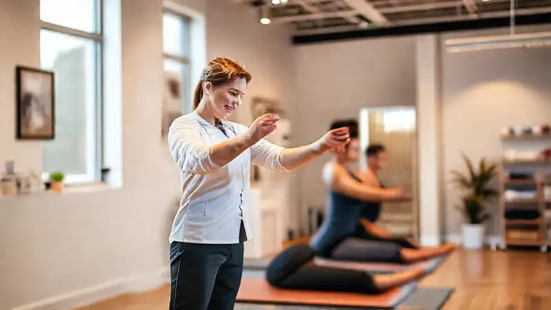 Terapeuta guía ejercicios en clínica moderna cálida