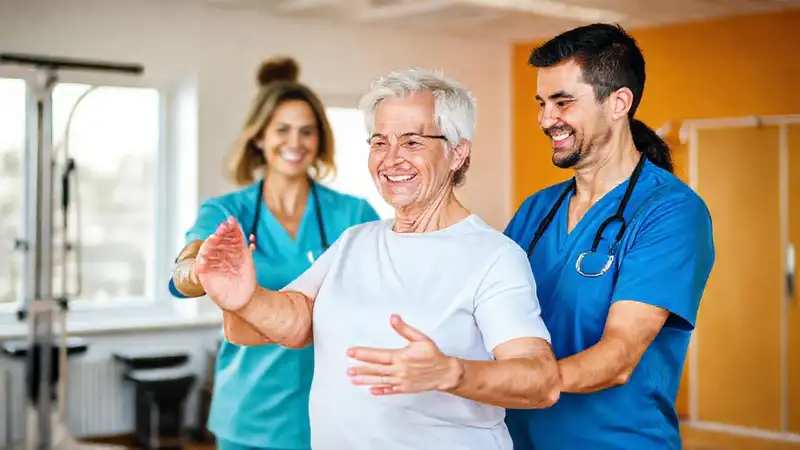 Terapeuta y paciente realizan ejercicios de movimiento