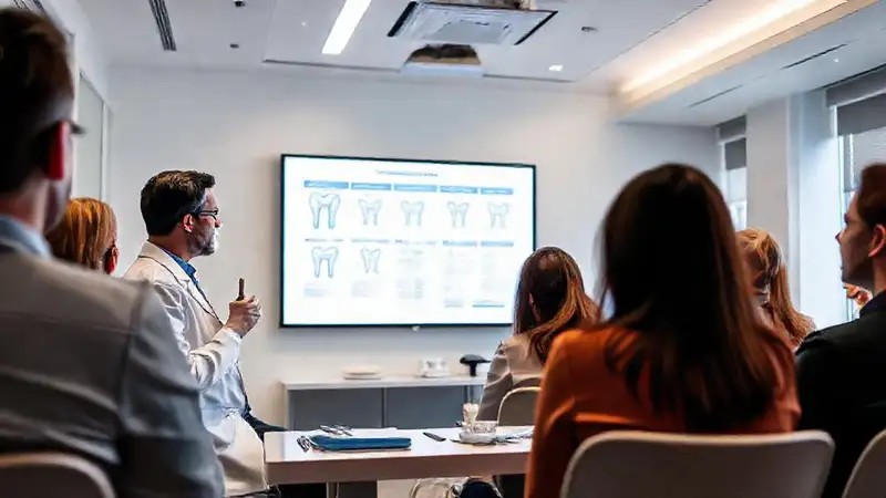 Profesional dental presenta en sala moderna