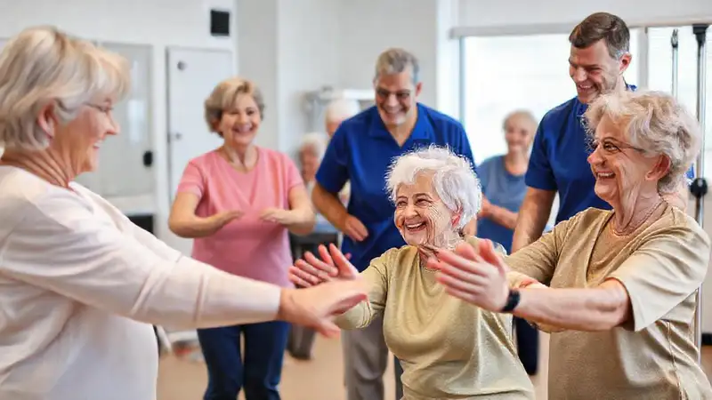 Adultos mayores ejercitando con terapeutas en ambiente positivo