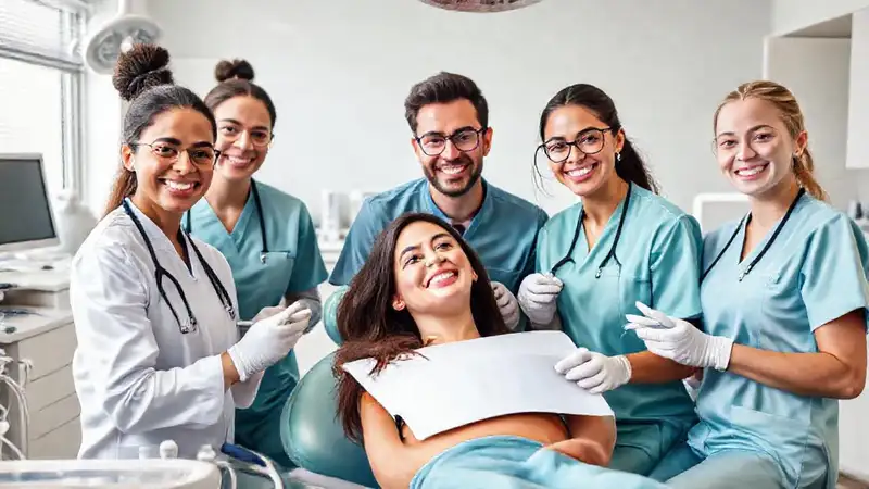 Estudiantes de odontología practicando en clínica moderna