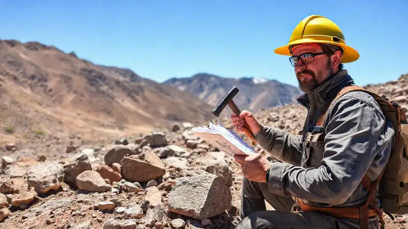 Geólogo analizando rocas en paisaje montañoso