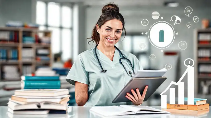 Enfermera estudia con recursos y motivación