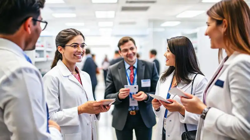 Joven estudiante en laboratorio farmacéutico haciendo networking