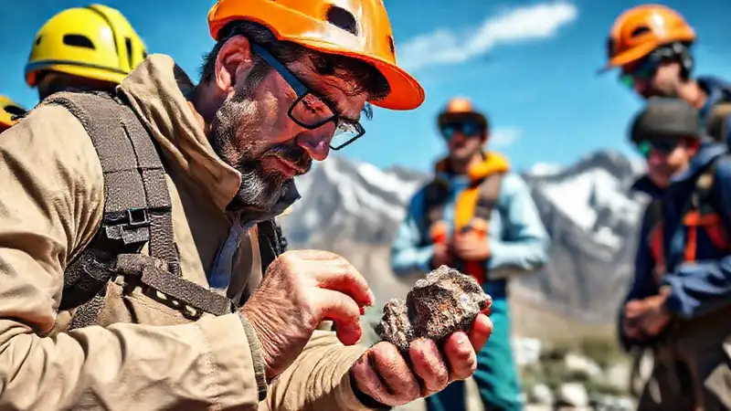 Geólogo analizando rocas en paisaje montañoso