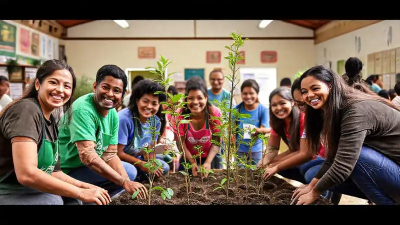 Equipo diverso planta árboles y comparte sonrisas