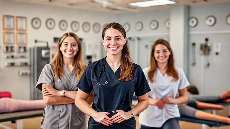 Terapeutas jóvenes en gimnasio clínico moderno