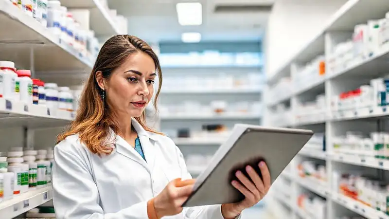Farmacéutica revisando investigaciones en farmacia moderna