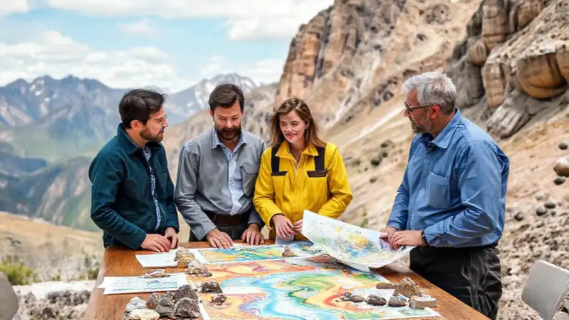 Geólogos analizando mapas y muestras en reunión