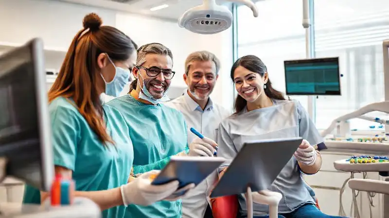 Profesionales dentales colaborando en clínica moderna
