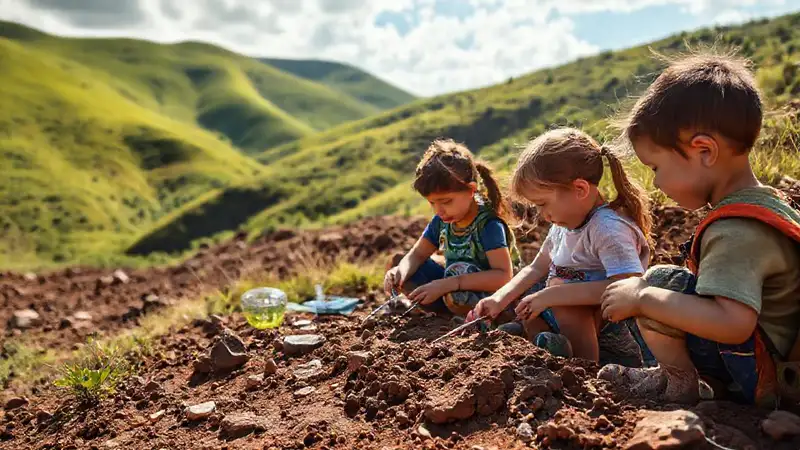 Paisaje natural con niños y herramientas educativas