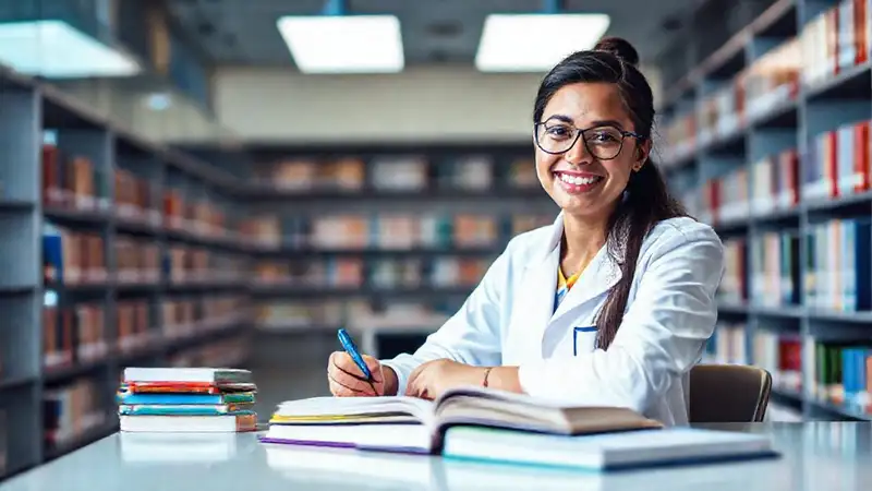 Estudiante de farmacia estudia en biblioteca moderna