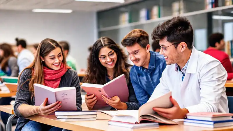 Estudiantes estudio en grupo en aula moderna