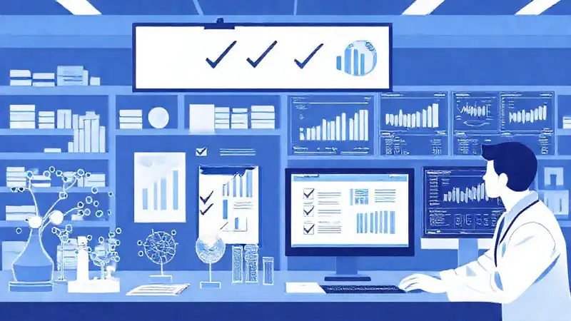 Laboratorio científico con datos y modelos moleculares