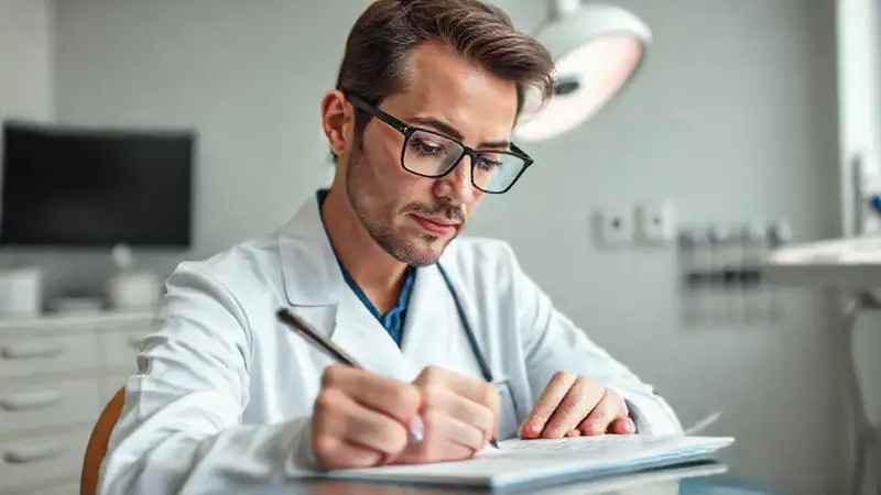 Dentista profesional con notas en oficina moderna