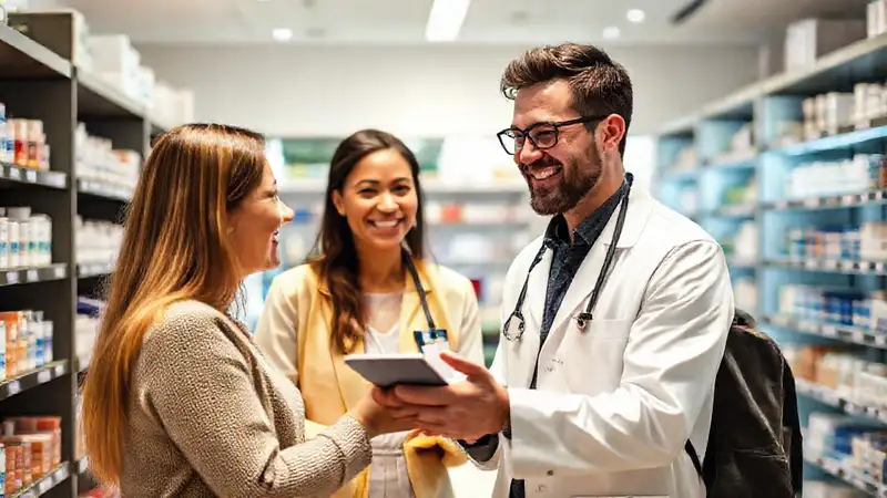 Farmacéutico amigable atiende cliente en farmacia moderna
