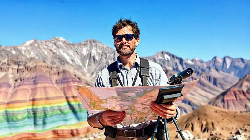 Investigador geofísico con mapas y equipo