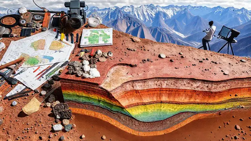 Exploración geológica con herramientas y muestras modernas