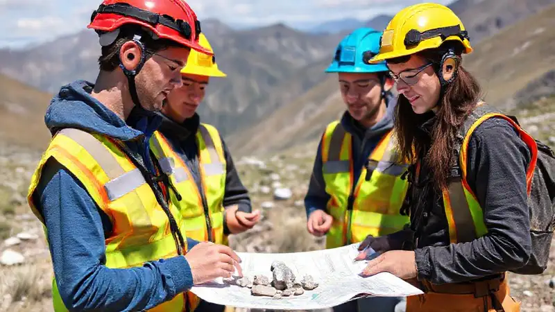 Estudiantes de geología examinan rocas en campo