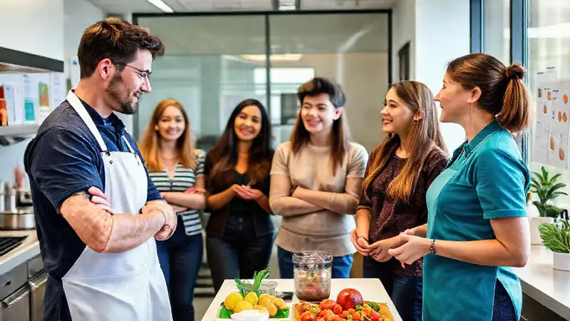Nutricionista guía a estudiantes en cocina clínica