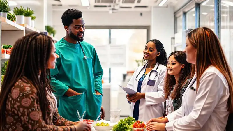 Estudiantes de nutrición en clínica urbana moderna