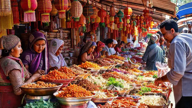 Comida, cultura y mercado en ambiente vibrante