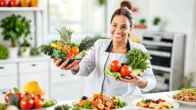 Nutricionista con frutas y platos balanceados