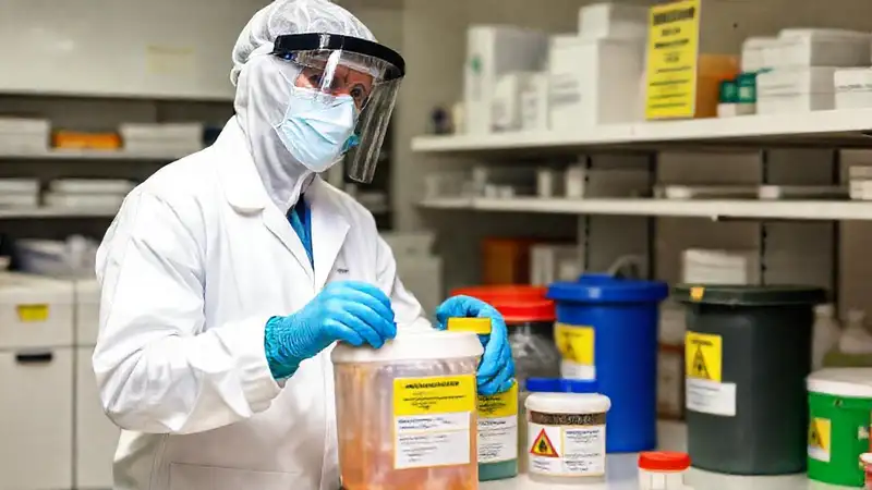 Trabajador farmacéutico maneja desechos peligrosos con protección