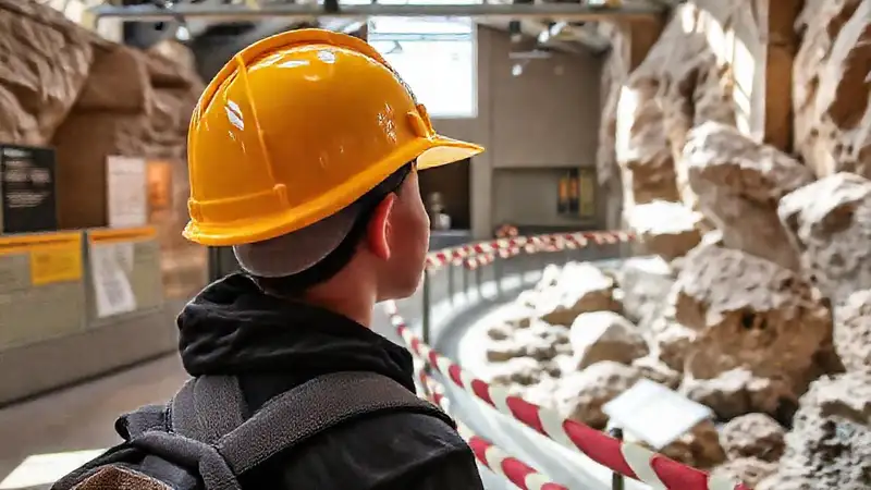 Visitante en museo de geología con seguridad