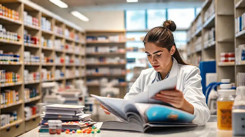 Estudiante de farmacia en ambiente organizado y moderno