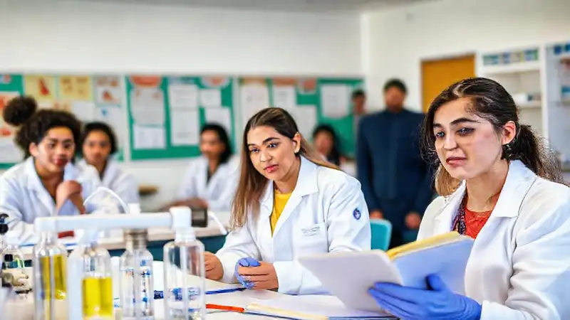 Estudiante participando en clase de farmacia