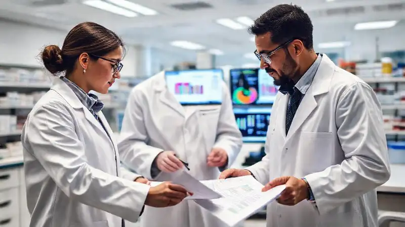 Científicos colaborando en investigación farmacéutica