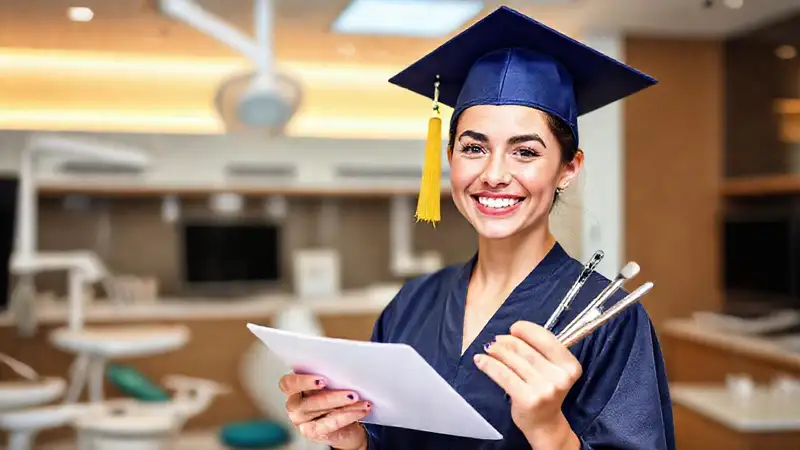 Graduado dental feliz con manejo financiero exitoso