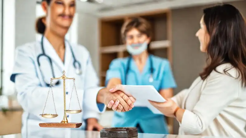 Profesionales éticos con balanza y apretón de manos