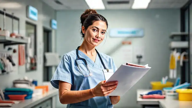Enfermera organizada en hospital moderno y optimista