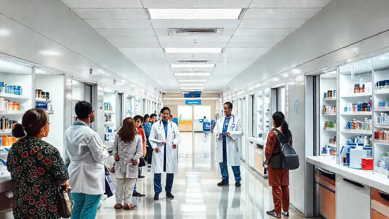 Centro de salud con farmacias y atmosfera vibrante