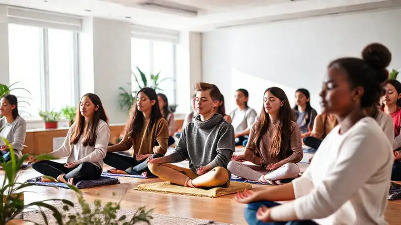 Estudiantes meditando en aula tranquila y diversa