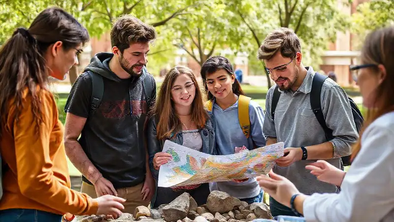 Estudiantes estudiando rocas en un campus